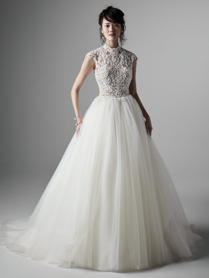 Model Wearing Tulle Ball Gown Wedding Dress with Keyhole Back Called Zinnia Lane by Sottero and Midgley