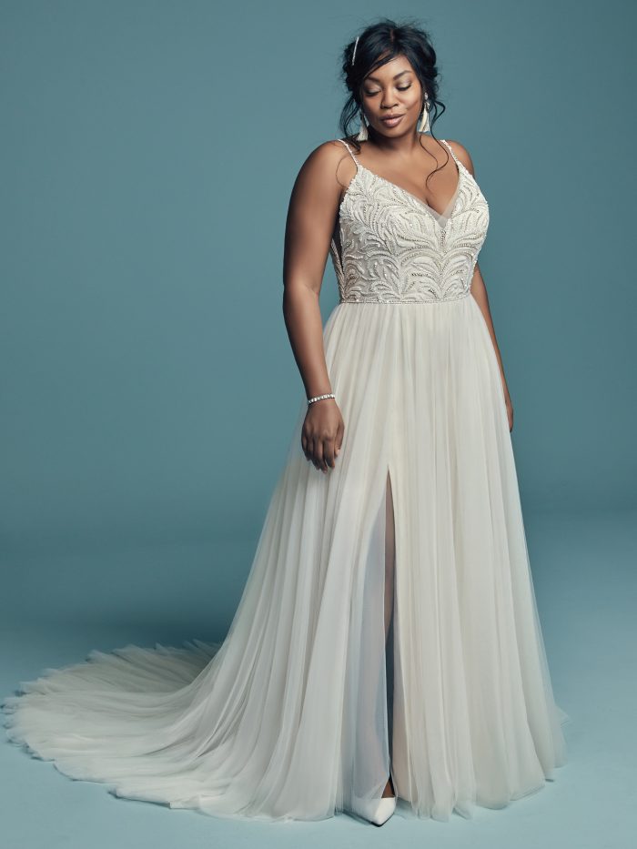 Plus Size Model Wearing Plus Size A-line Wedding Dress Called Charlene by Maggie Sottero