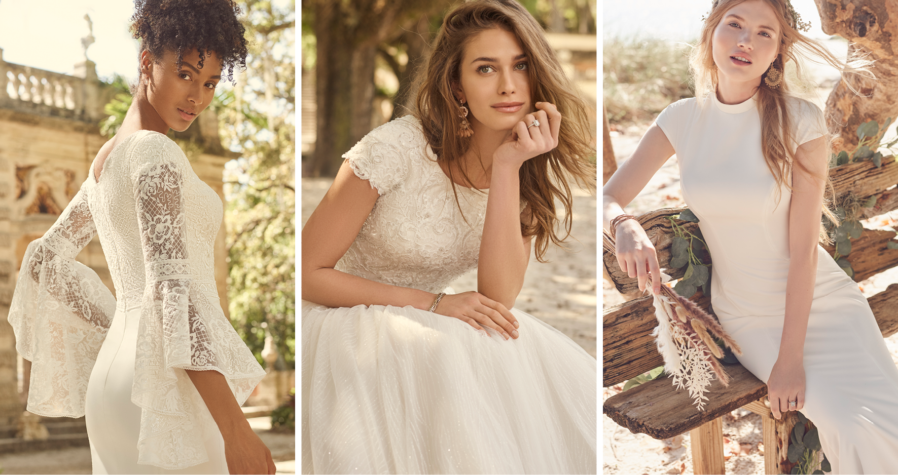 Collage of Three Brides Wearing Romantic Modest Wedding Dresses by Maggie Sottero