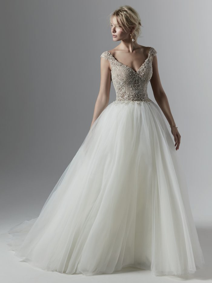 Model Wearing Sparkly Tulle Ball Gown Called Owen Louise by Sottero and Midgley