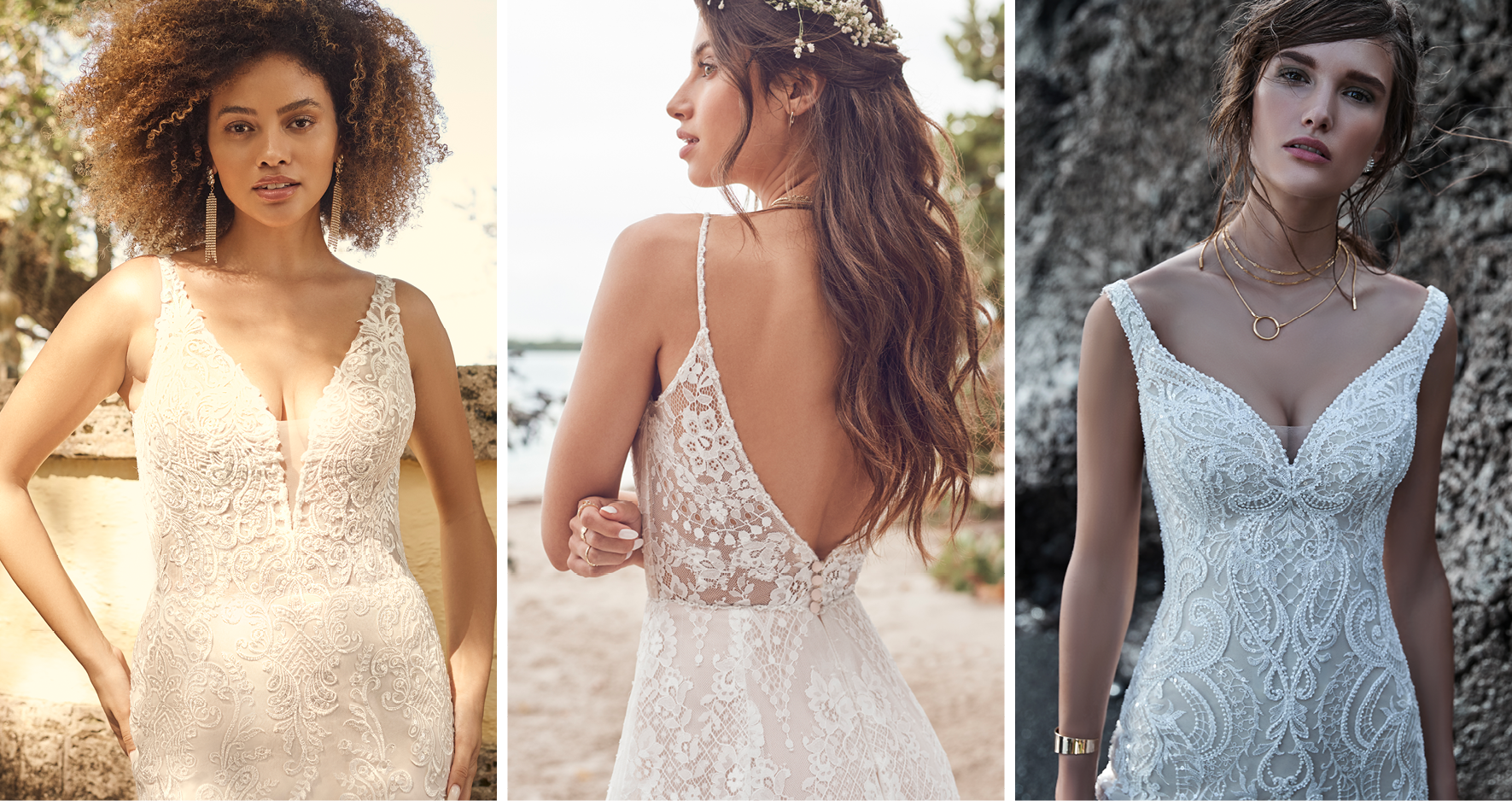 Three Brides Wearing Vintage Lace Wedding Dresses by Maggie Sottero