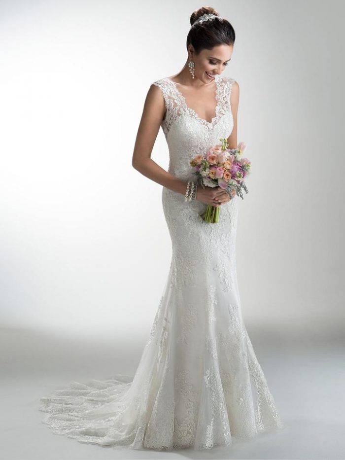 Model Wearing Sheath Wedding Dress from 2013 by Maggie Sottero
