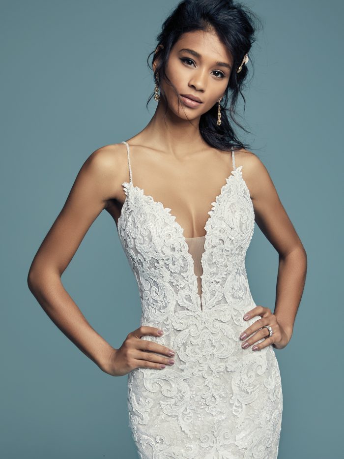 Model Wearing Lace Wedding Gown with Sheer Bodice Called Tuscany Lynette by Maggie Sottero