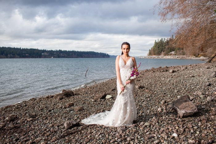Bride on Beach Wearing Wedding Dress Called Greenley by Maggie Sottero