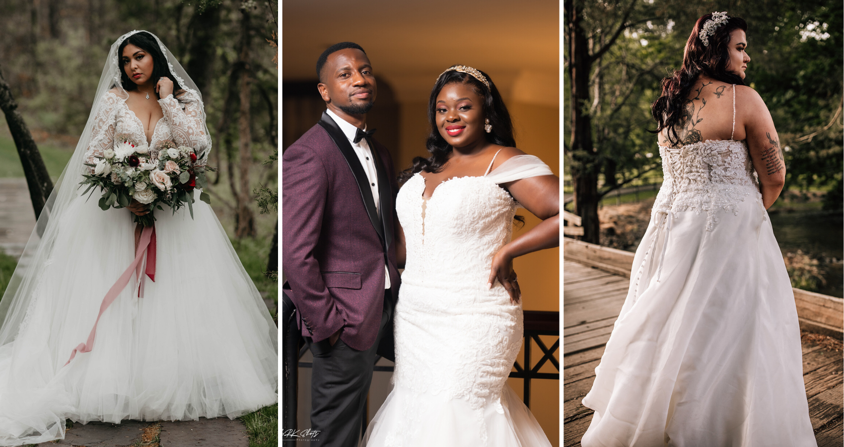 Real Curvy Brides Blog Header With Brides Wearing Dresses Called Mallory Dawn By Maggie Sottero, Alistaire Lynette By Maggie Sottero, And Parker By Maggie Sottero