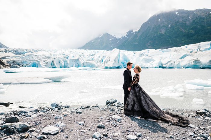 Bride In Black Wedding Dress Called Zander By Sottero And Midgley In Alaskan Elopement