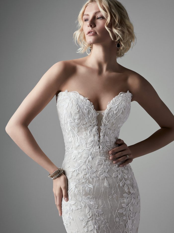Model Wearing Mermaid Wedding Dress for an Hourglass Figure Called Collin by Sottero and Midgley