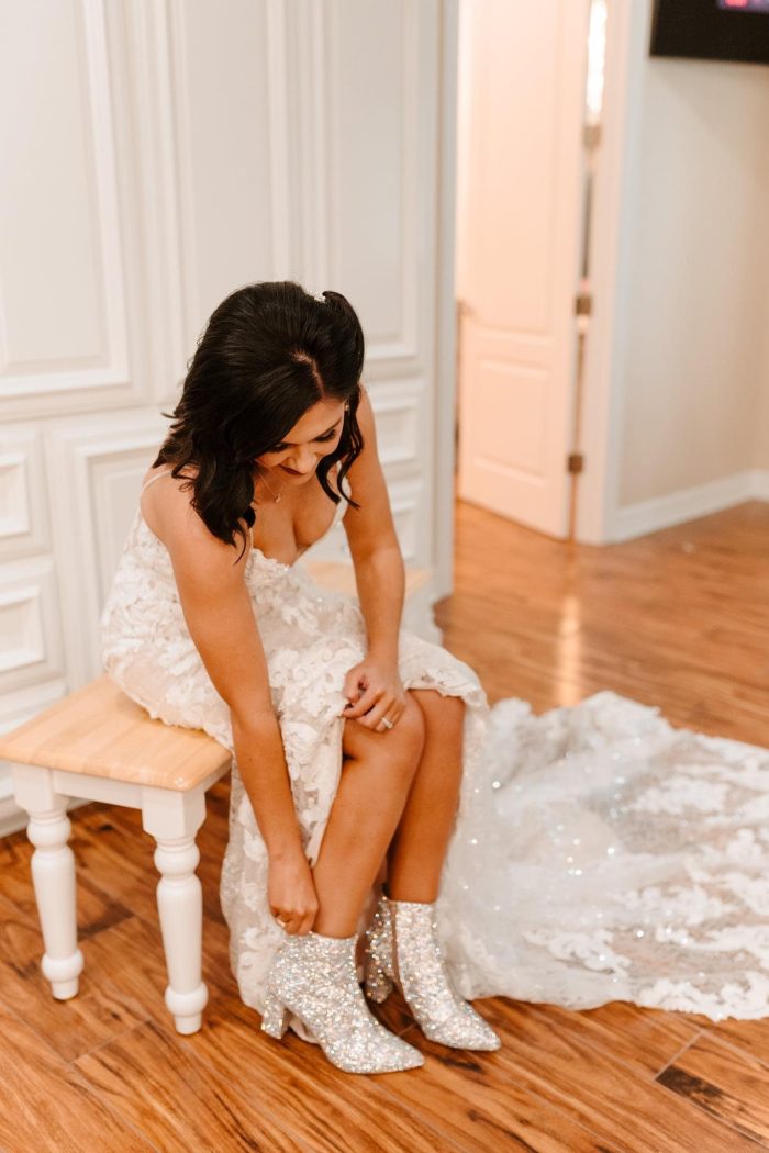 Bride In Las Vegas Wedding Dress With Sparkly Boots Called Tuscany Royale By Maggie Sottero