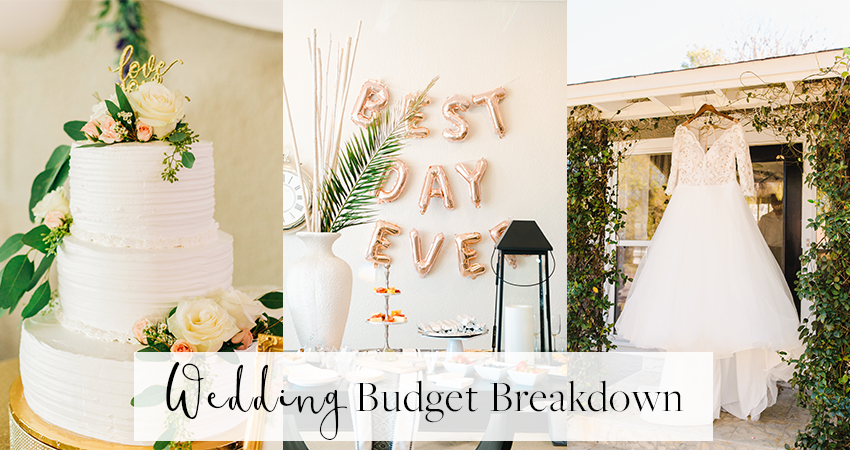 Collage of a Wedding Cake and Wedding Dress as Part of a Wedding Budget Breakdown