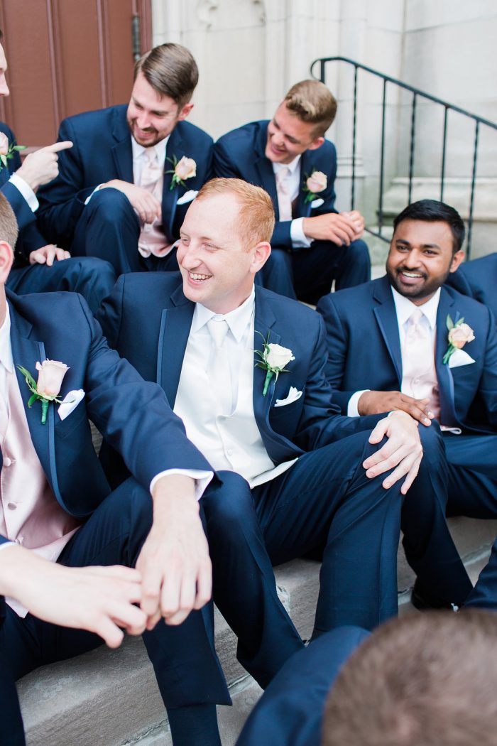 Real Groom and Groomsmen Wearing Classic Blue Suits at Real Wedding
