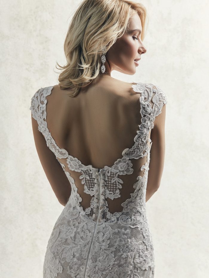 Bride Wearing Sexy Lace Mermaid Quick Delivery Wedding Dress Called Chauncey by Sottero and Midgley
