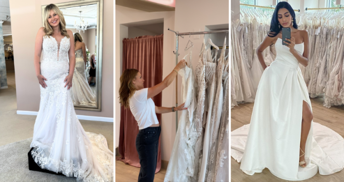 Brides trying on Maggie Sottero wedding dresses at a bridal boutique