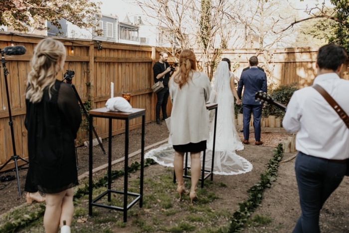 Real Bride and Groom at Virtual Wedding in a Backyard with their Vendors