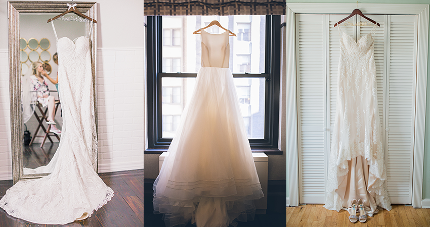 Collage of Wedding Dresses by Maggie Sottero Hanging at Home