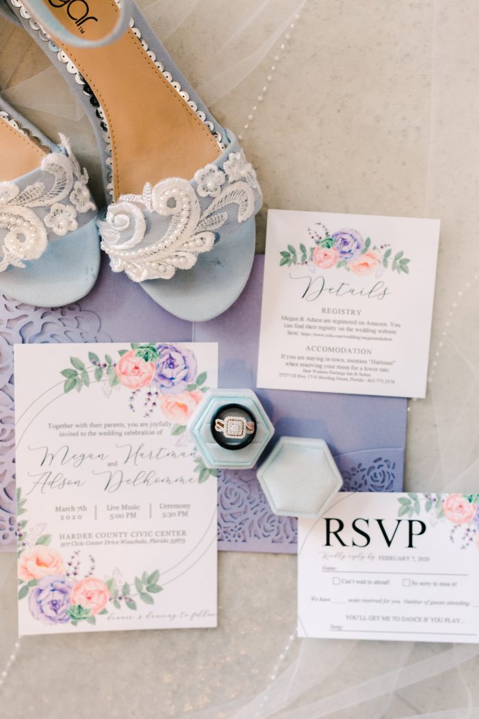 Pastel Wedding Invitation with Spring Theme and Light Blue Wedding Shoes