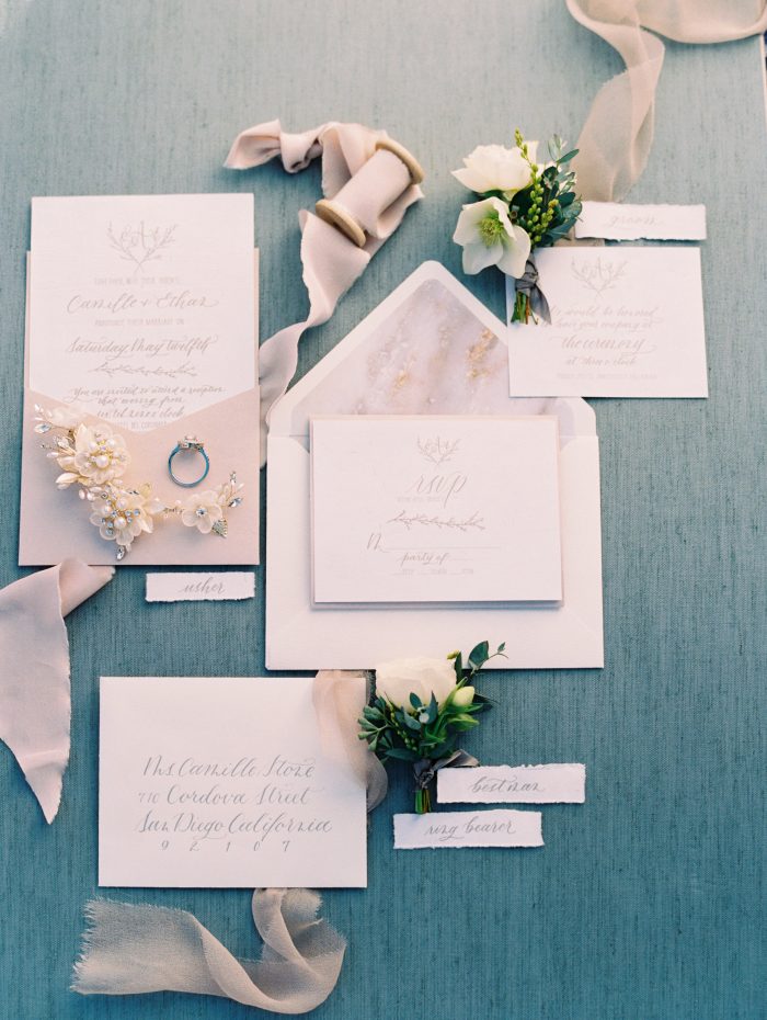 Romantic Wedding Invites with Blue and Green Accents