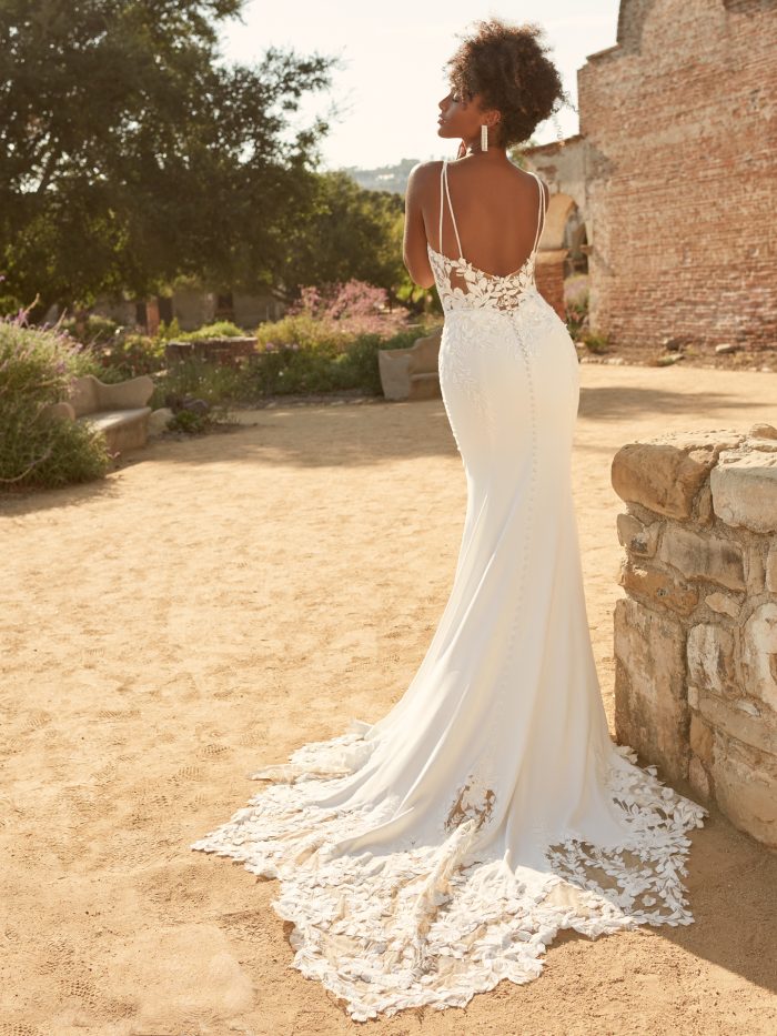 Bride From the Back Wearing Sheath Crepe Wedding Dress Called Baxley by Maggie Sottero