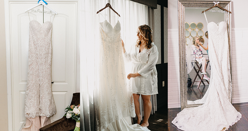 Collage of Hanging Loan Sample Wedding Dresses by Maggie Sottero For Brides to Try On