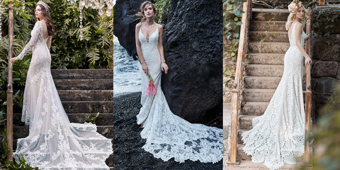 Collage of Models Wearing Long Train Wedding Dresses by Maggie Sottero