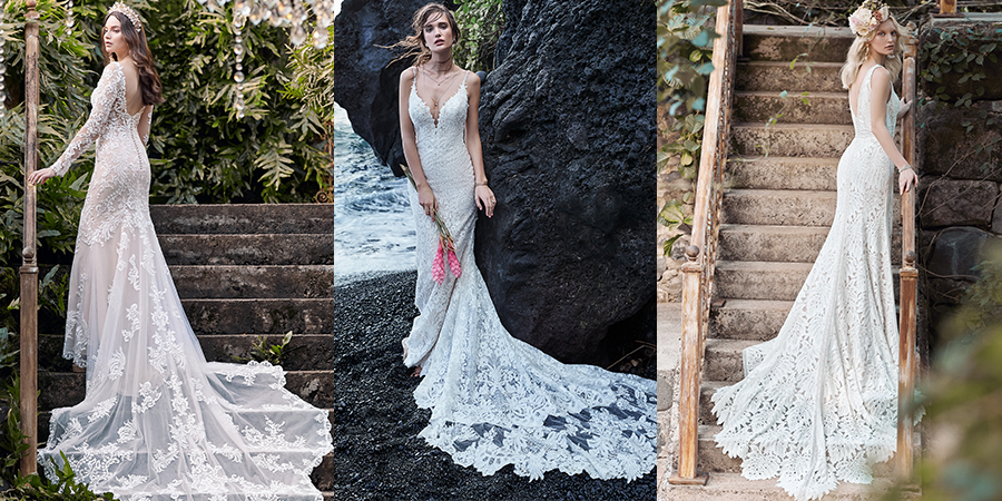 Collage of Models Wearing Long Train Wedding Dresses by Maggie Sottero