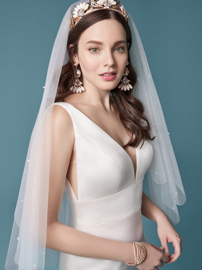 Model Wearing Minimalist Bridal Gown with Sparkly Wedding Veil Called Anissa by Maggie Sottero