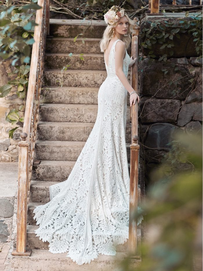 Model Wearing Nature-inspired Lace Sheath Bridal Dress Called Burke Made by Maggie Sottero