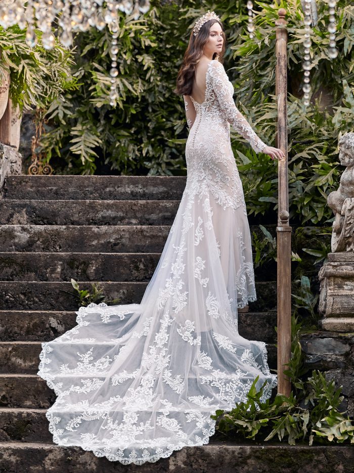 Model Wearing Illusion Lace Long Train Wedding Gown Called Lydia Anne by Maggie Sottero