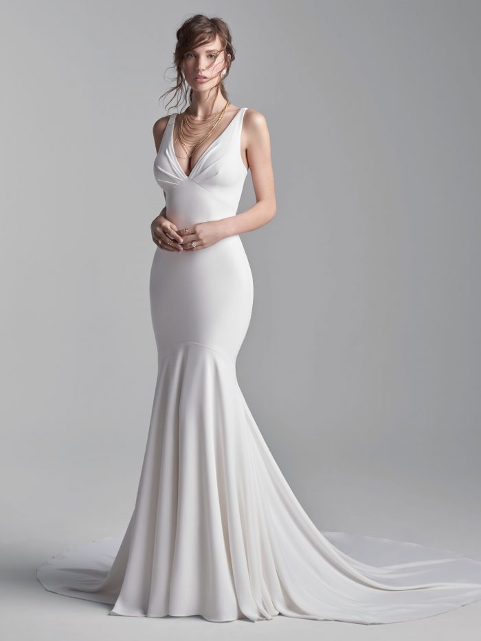 Model Wearing Dramatic Halter Back Wedding Dress Called Anthony by Sottero and Midgley