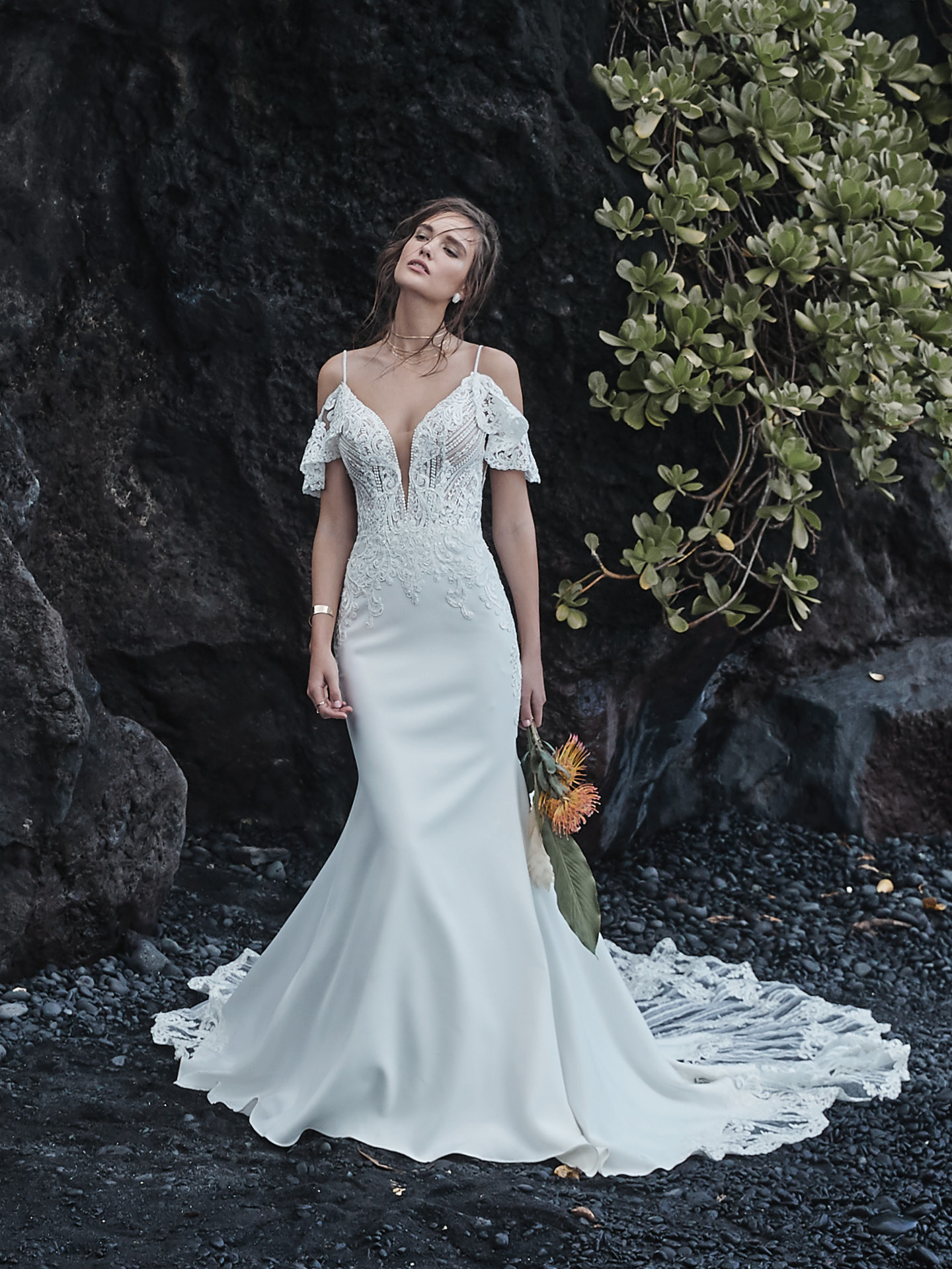 Bride Wearing Customized Wedding Dress With Detachable Off-The-Shoulder Sleeves Called Bracken By Sottero And Midgley