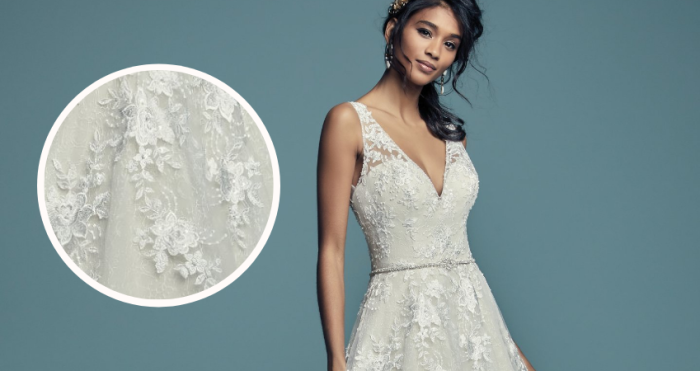 Types Of Lace Wedding Dress With Bride Wearing A Gown With Point D’Esprit Lace Called Meryl By Maggie Sottero
