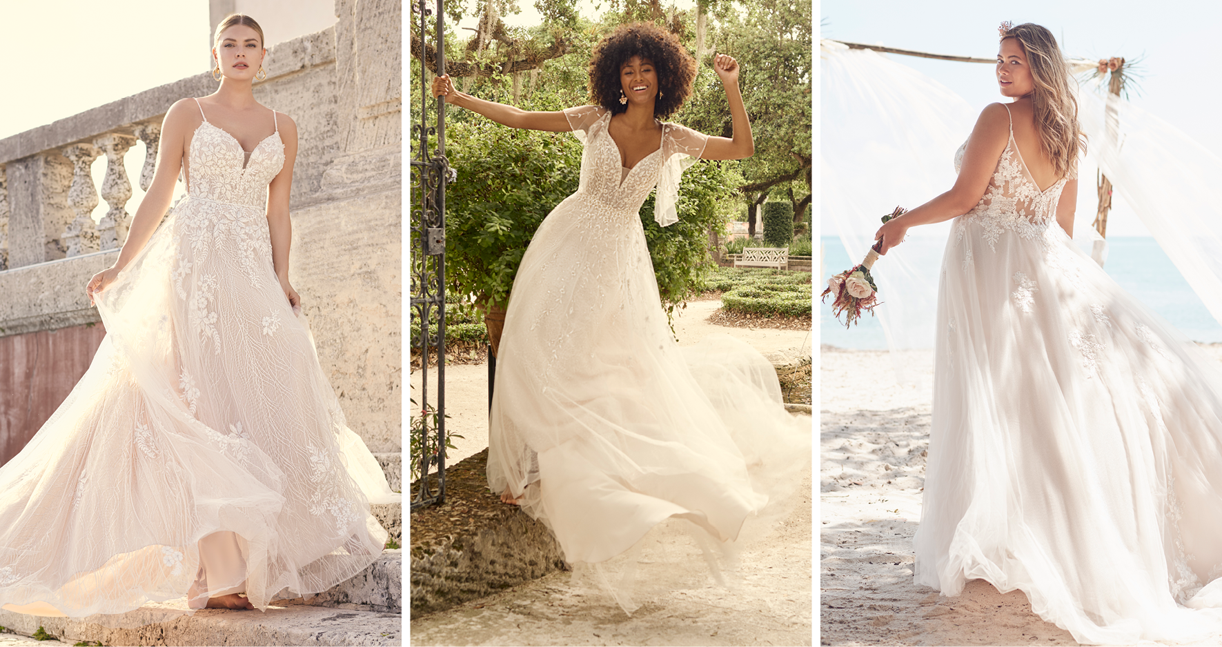 Collage of Brides Wearing Lightweight A-line Wedding Dresses by Maggie Sottero for Pear-Shaped Body Types