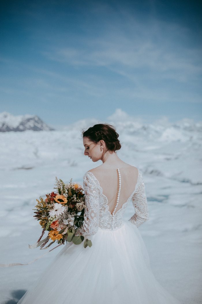 Bride In Long Sleeve Wedding Dress Called Mallory Dawn By Sottero and Midgley With Updo
