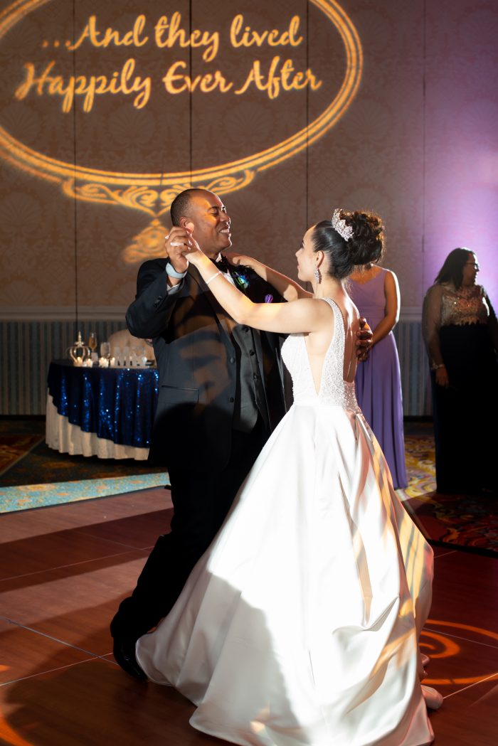 Father of the Bride Dancing with Real Bride Wearing Satin Ball Gown Wedding Dress Mylene by Maggie Sottero