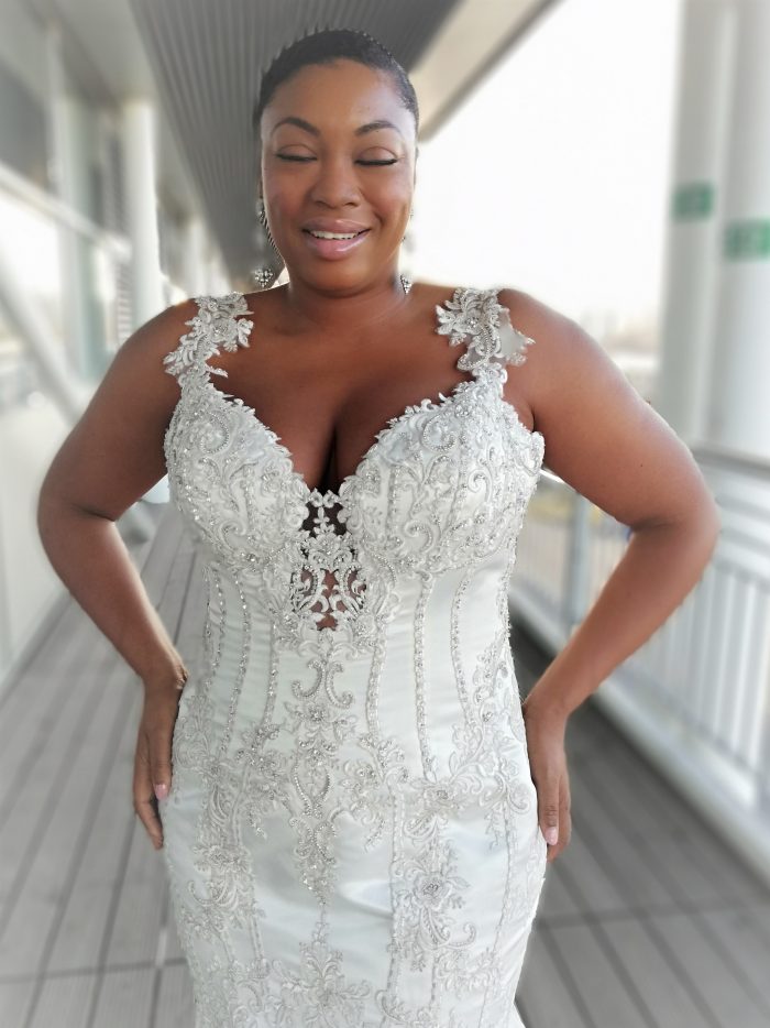 Black Plus Size Model Wearing Satin Mermaid Wedding Dress by Maggie Sottero