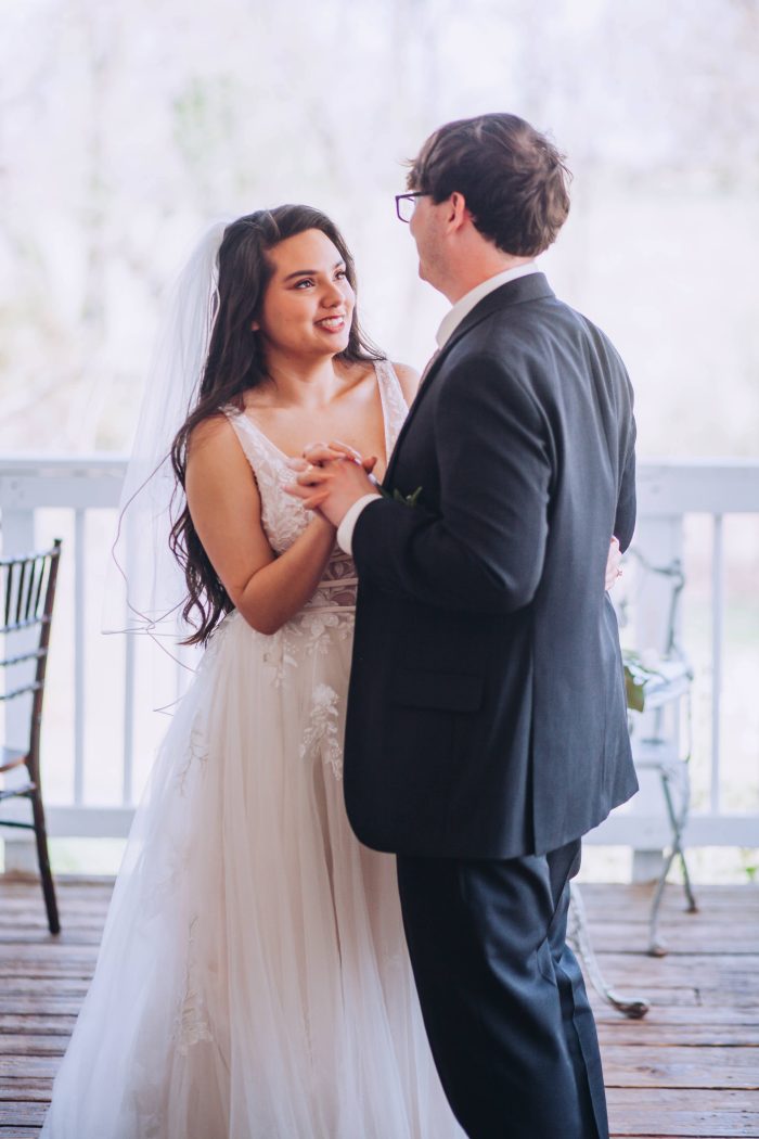 Bride In Lace Wedding Dress Called Raelynn With Groom