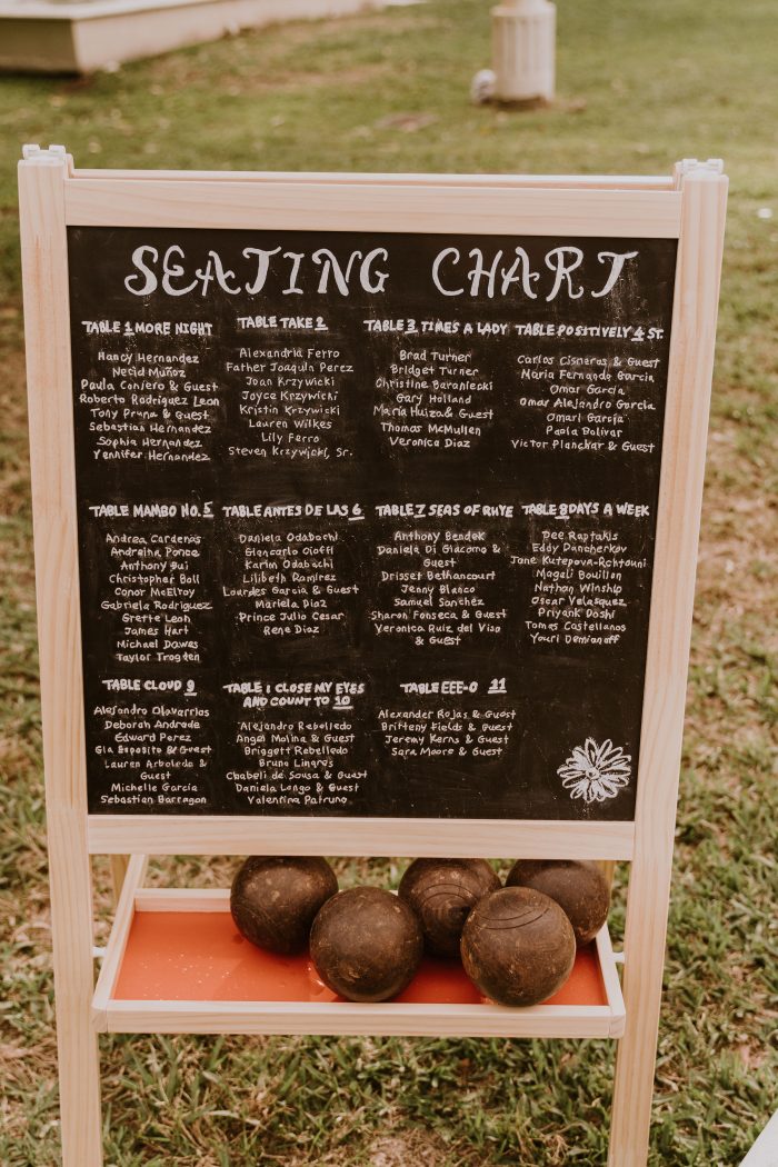 Chalk Board with Seating Chart for Backyard Wedding is Written