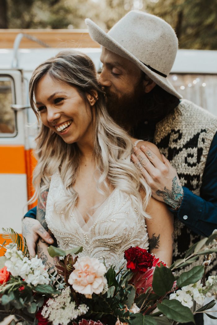Groom with Real Bride Wearing Hippie Wedding Dress in Front of 60s Van