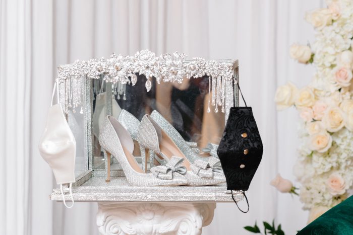 Sparkly Wedding Shoes with Black and White Masks for Socially Distanced Wedding