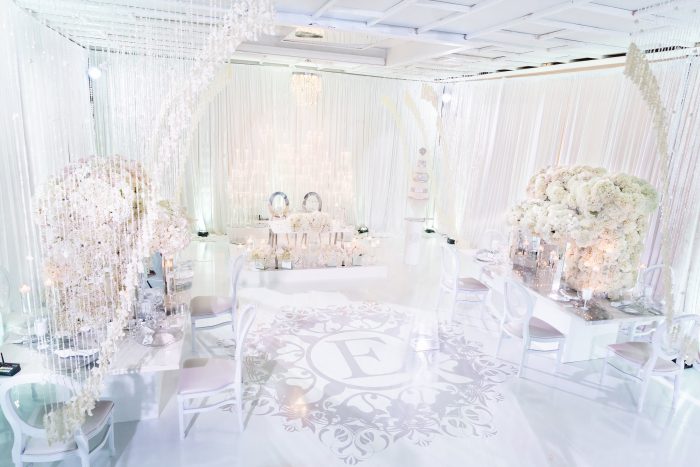 Luxurious Wedding Reception with White and Crystal Details Designed by Black Wedding Vendors