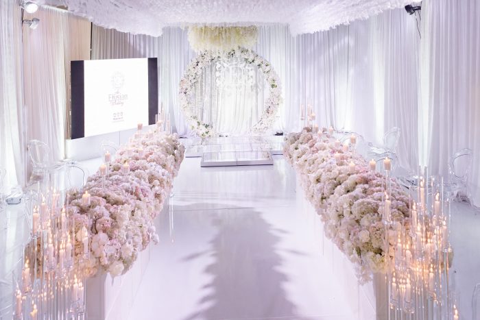 White Florals and Wedding Arch at Socially Distanced Wedding Ceremony
