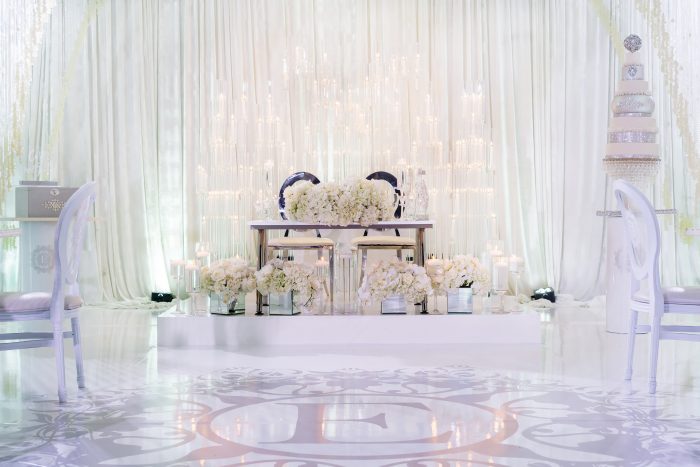 White Chairs with Bride and Groom Table and White Wedding Cake at Wedding Reception
