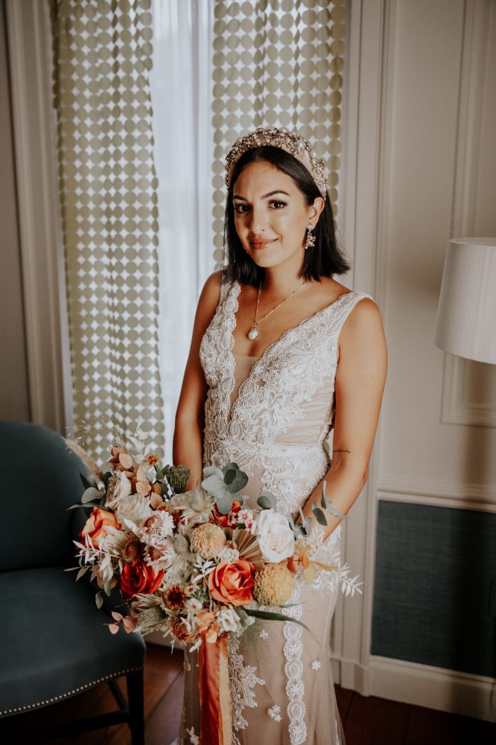 Real Bride Wearing Bridal Crown and Boho Wedding Dress Called Agata Louise by Sottero and Midgley