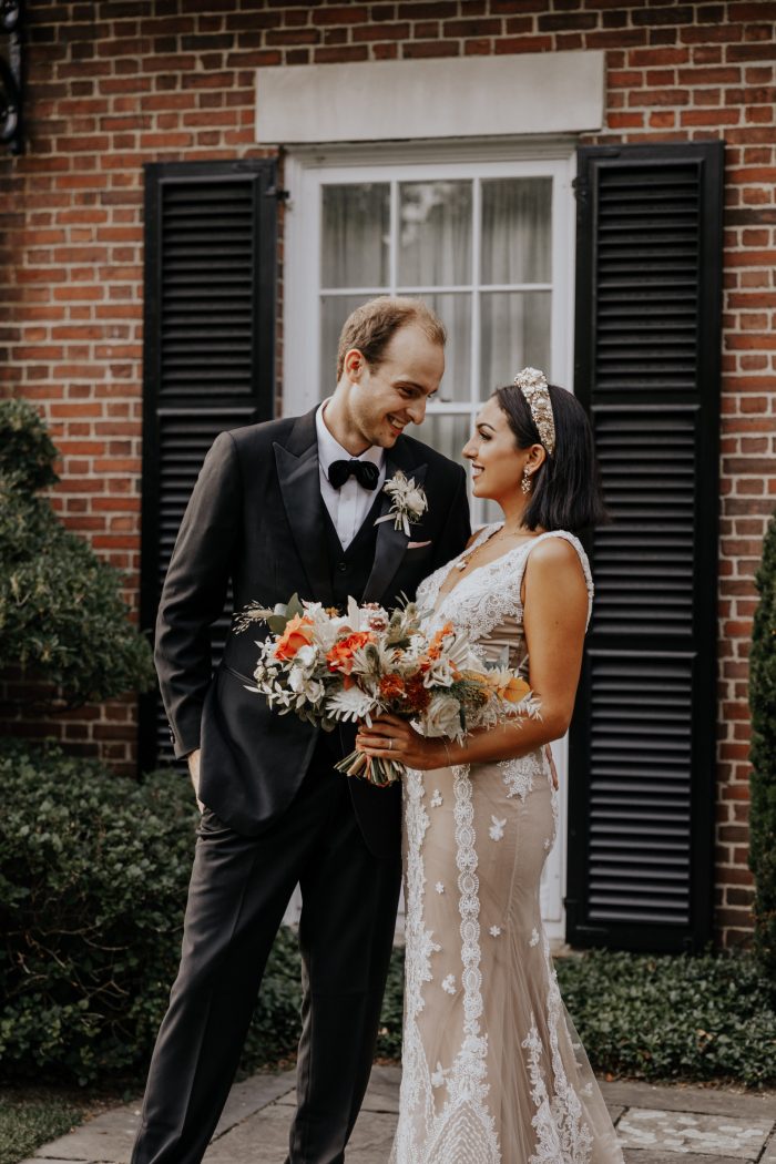 Groom with Real Bride Taking Wedding Portraits at Backyard Elopement During Coronavirus