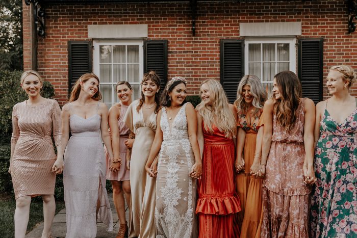 Real Bride Wearing Boho Wedding Dress with Bridesmaids Wearing Colorful Mismatched Dresses