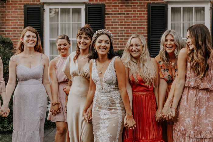 Real Bride Wearing Boho Wedding Dress with Bridesmaids Wearing Colorful Mismatched Dresses