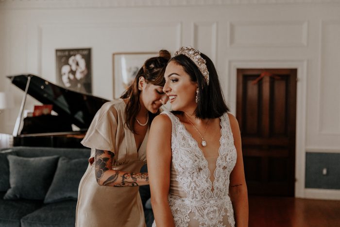Real Bride Getting Ready in a Boho-Chic Wedding Dress Called Agata Louise by Sottero and Midgley