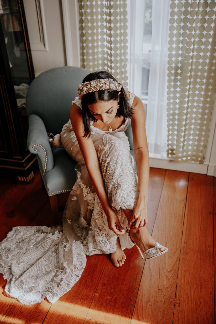 Real Bride Getting Ready for Her Wedding and Putting on Open Toe Wedding Shoes