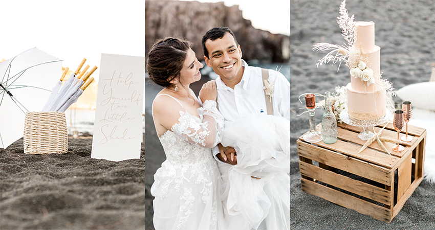 Collage of Wedding Details from Beach Elopement and Bride Hugging Groom