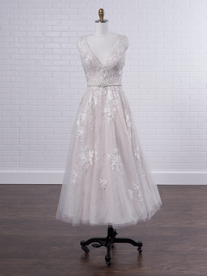 V-neck Polka Dot Tea Length Bridal Gown Called Meryl Lane by Maggie Sottero