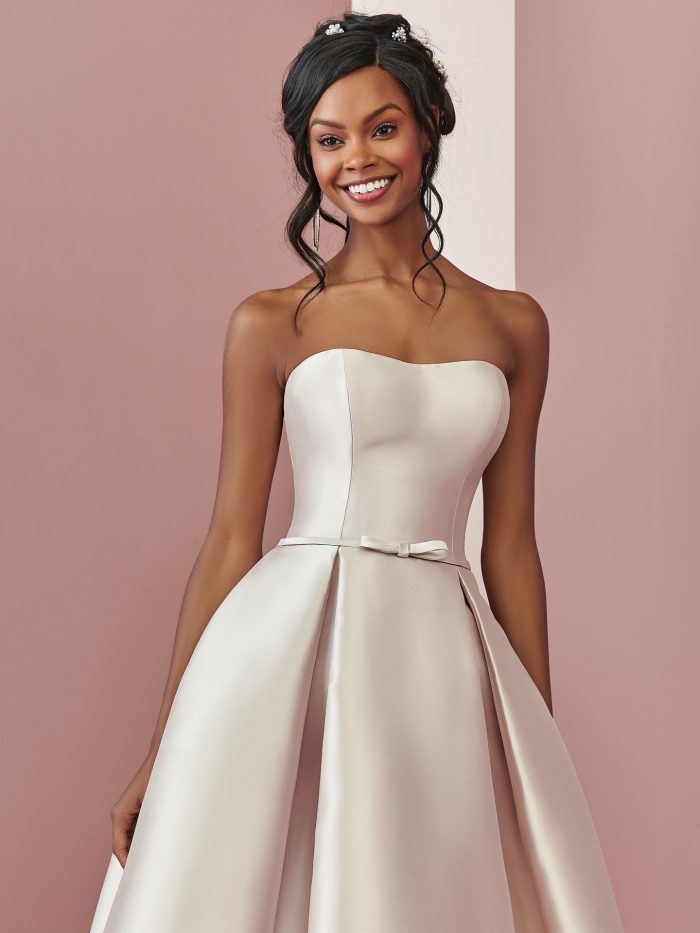 Black Model Wearing Satin High-Low Wedding Dress Called Erica by Rebecca Ingram